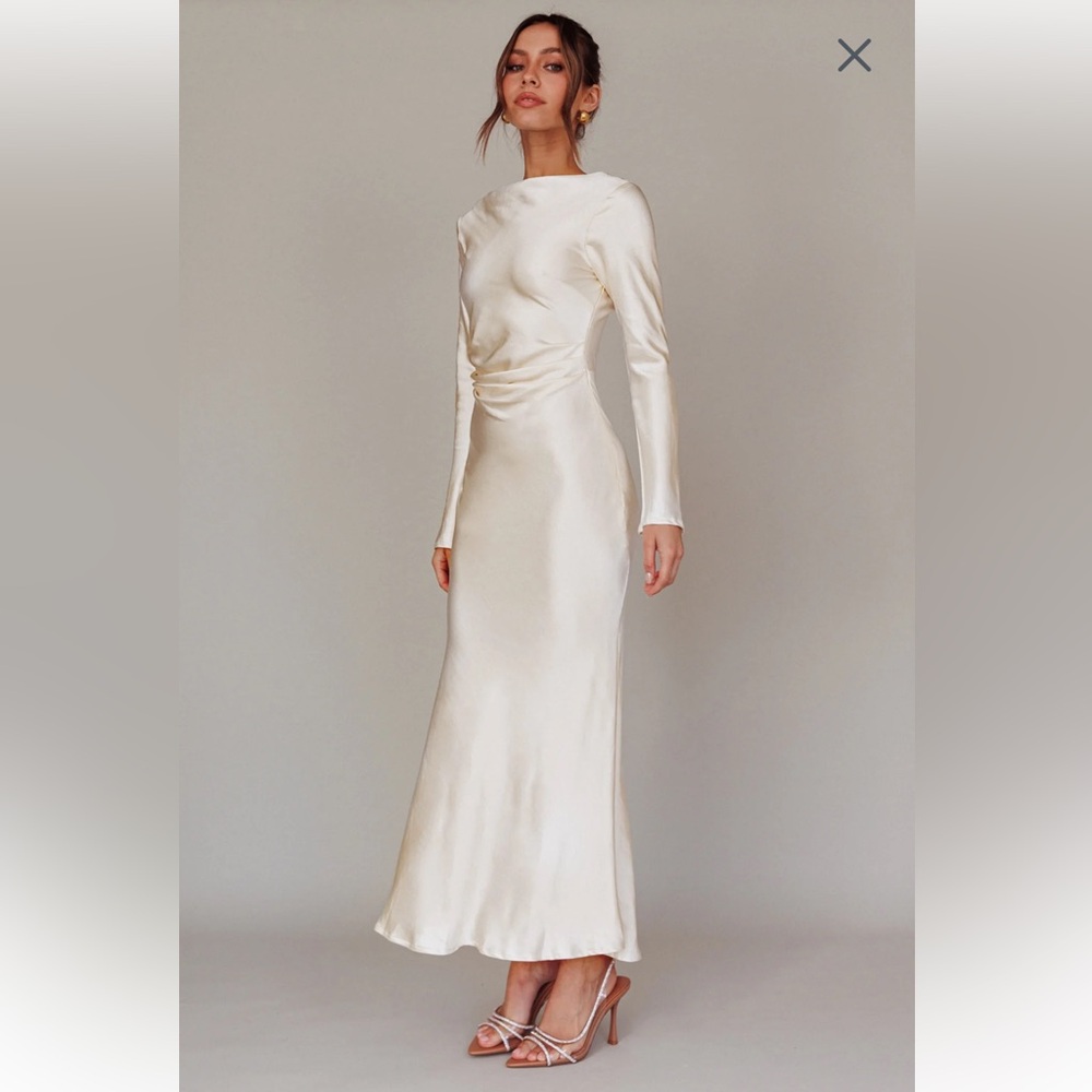 Selfie Leslie Cream Satin Long Sleeve Slip Dress
